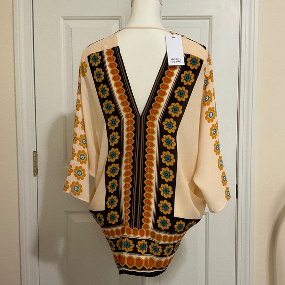 NWT Rose & Olive Boho Floral Print Kimono Blouse peach brown blue orange - Picture 8 of 8